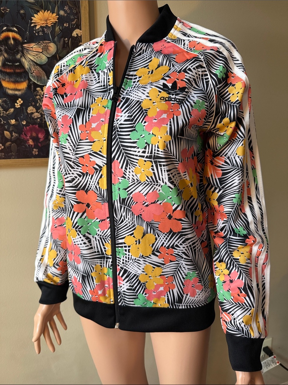 Girls adidas Floral Print Bomber Jacket in Black, Yellow, Green, Coral